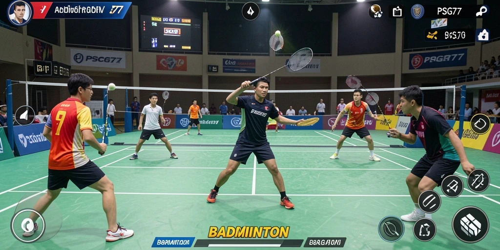 Tampilan antarmuka PSG77 dengan aksi badminton yang seru.